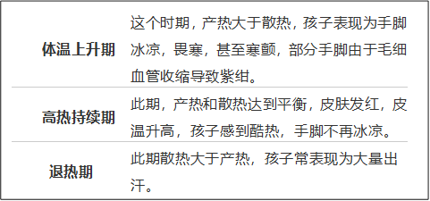 体温上升期	这个时期，产热大于散热，孩子表现为手脚冰凉，畏寒，甚至寒颤，部分手脚由于毛细血管收缩导致紫绀。
高热持续期	此期，产热和散热达到平衡，皮肤发红，皮温升高，孩子感到酷热，手脚不再冰凉。
退热期	此期散热大于产热，孩子常表现为大量出汗。
