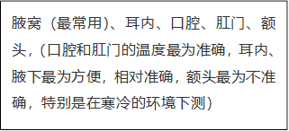 腋窝（最常用）、耳内、口腔、肛门、额头，（口腔和肛门的温度最为准确，耳内、腋下最为方便，相对准确，额头最为不准确，特别是在寒冷的环境下测）